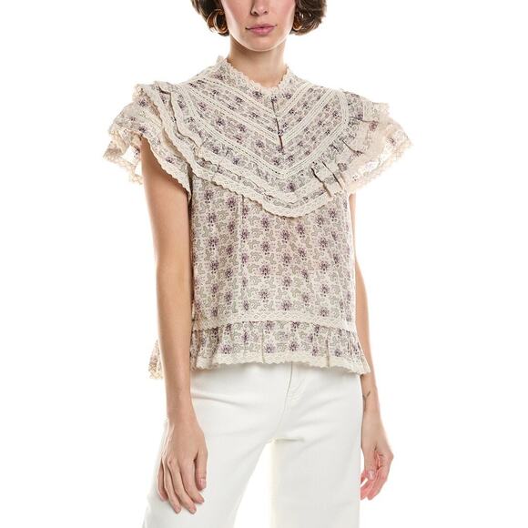 Sea NY Womens Designer Tan Purple Floral Victorian Yvonne Top Medium - Picture 1 of 7